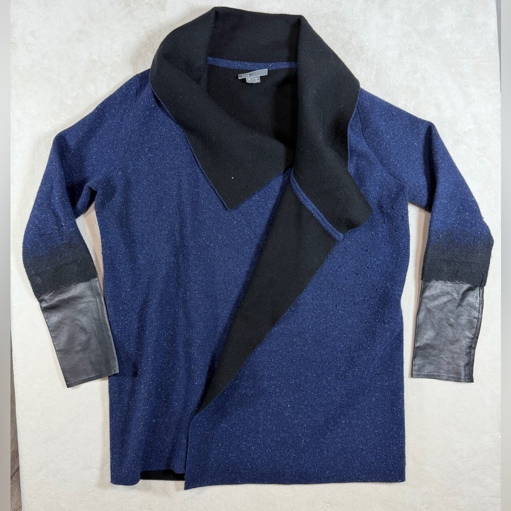 Vince Size Medium Wool Cashmere Blend Navy and Black Open Cardigan With Leather